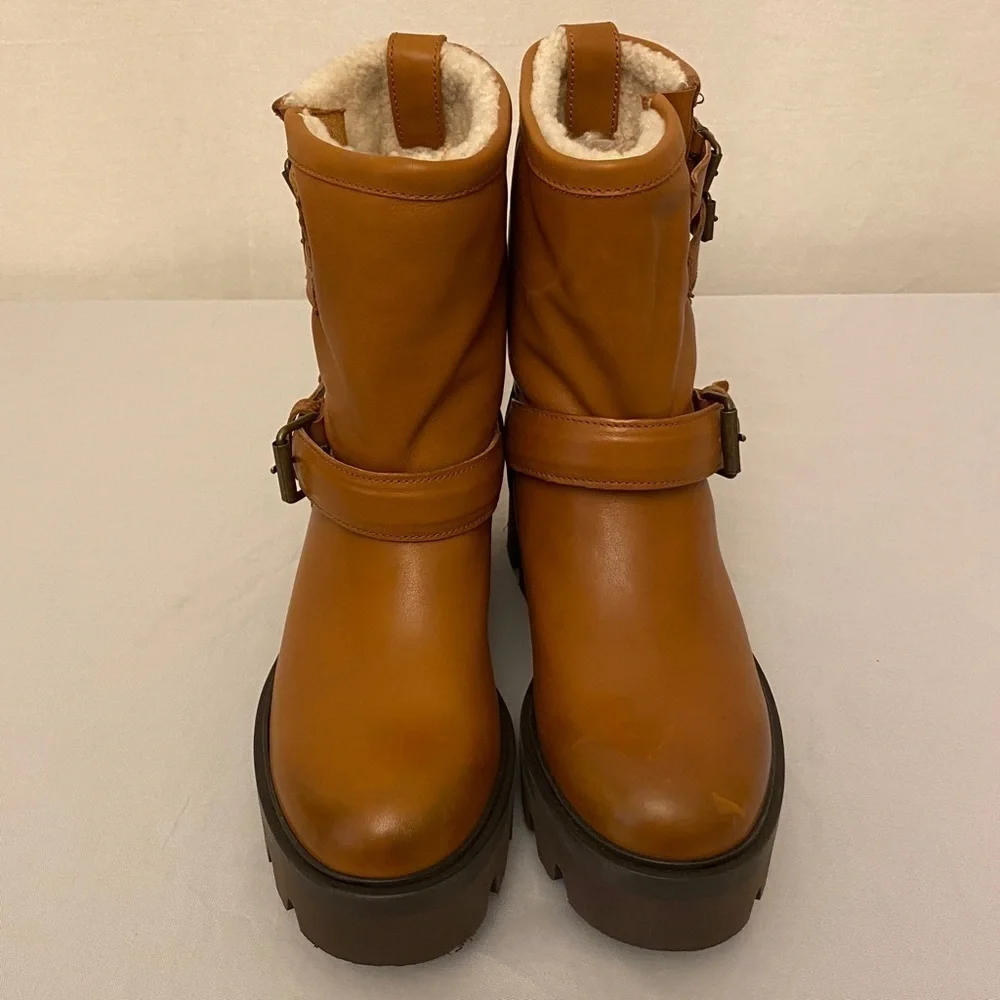 Ross & Snow Lucky Waterproof Cognac Leather Moto Ankle Boots Womens Size 6 Brown